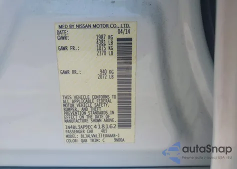 2014 Nissan Altima 3.5S/3.5Sv/3.5Sl из США, поврежденный, VIN 1N4BL3AP9EC418162